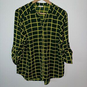 Antilia Femme Forset Green Neon Yellow Checkered Striped Blouse Size XL